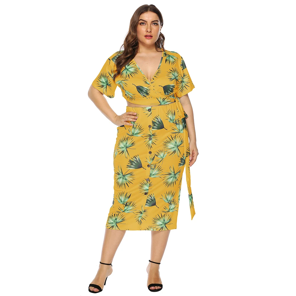 

Plus Size Woman Two Pieces Sets Fashionable Casual Tops+skirts High Street Large Big Size Female Leisure Leaf Printing Clothing