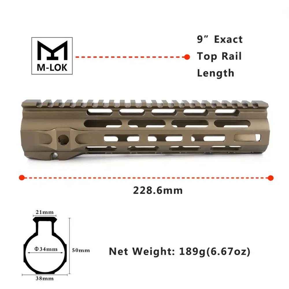 HG68P9M-FDE 9 дюймов Гибридный mlok handguard черный/синий/FDE/красный Свободный плавающий дизайн бочонок гайка использует стандартный стальной ar 15 handguard m4 Охота - Цвет: HG68P9M-FDE