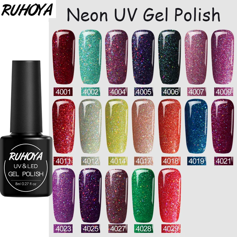 Ruhoya 8 мл неоновый пигмент блестящий Гель лак для ногтей основа и топ необходимые