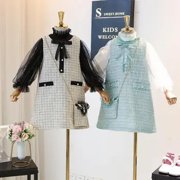 

12.23th Spring Girls Sets 2020 New Arrival Bubble sleeve shirt Vest dress 2pcs Kids Sets Size 110-150cm