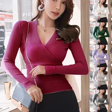 Женская Повседневная однотонная трикотажная туника, топы, тонкие рубашки с длинным рукавом и v-образным вырезом, свитер для клуба, M88