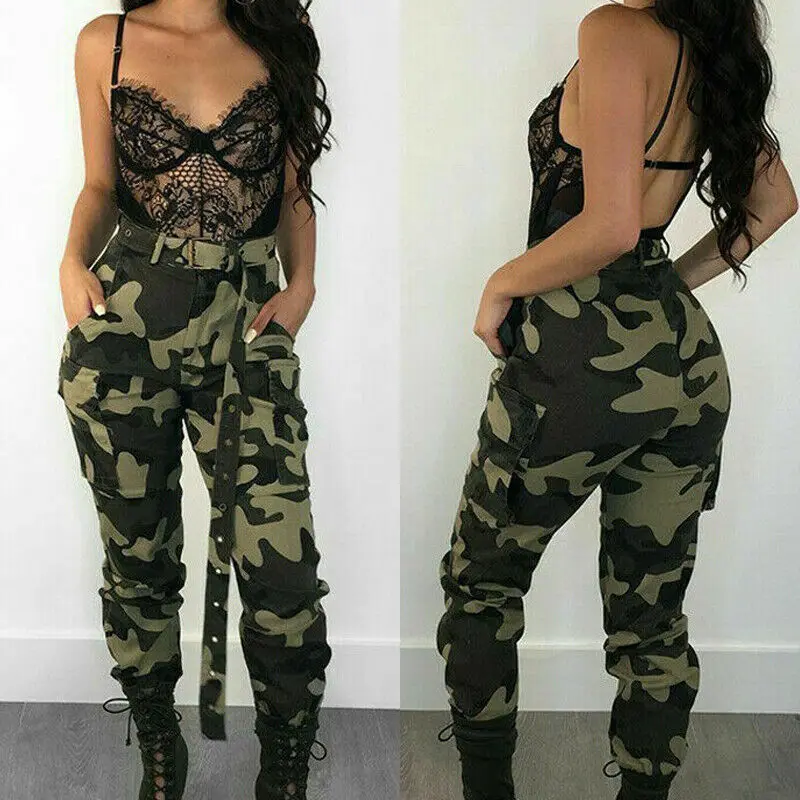 Womens Camo Cargo Trousers Casual Pants 