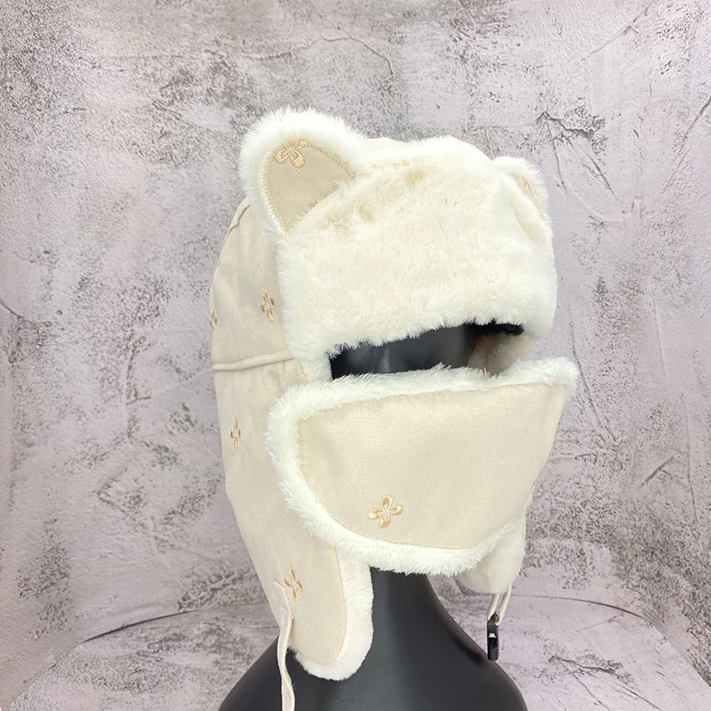 Warm Ear Mask One-piece Cap Female Autumn and Winter Lei Feng Cap Small Flower Embroidery Cute Cat Ear Plush Riding Hat mad bomber leather rabbit fur hat