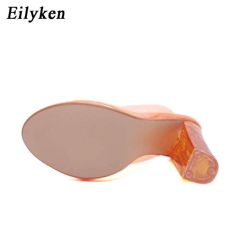 Eilyken г. Модные прозрачные тапочки из ПВХ оранжевого и фиолетового цвета пикантные женские туфли с открытым носком на высоком каблуке, украшенные кристаллами прозрачные шлепанцы на высоком каблуке 11 см Размеры 35-42
