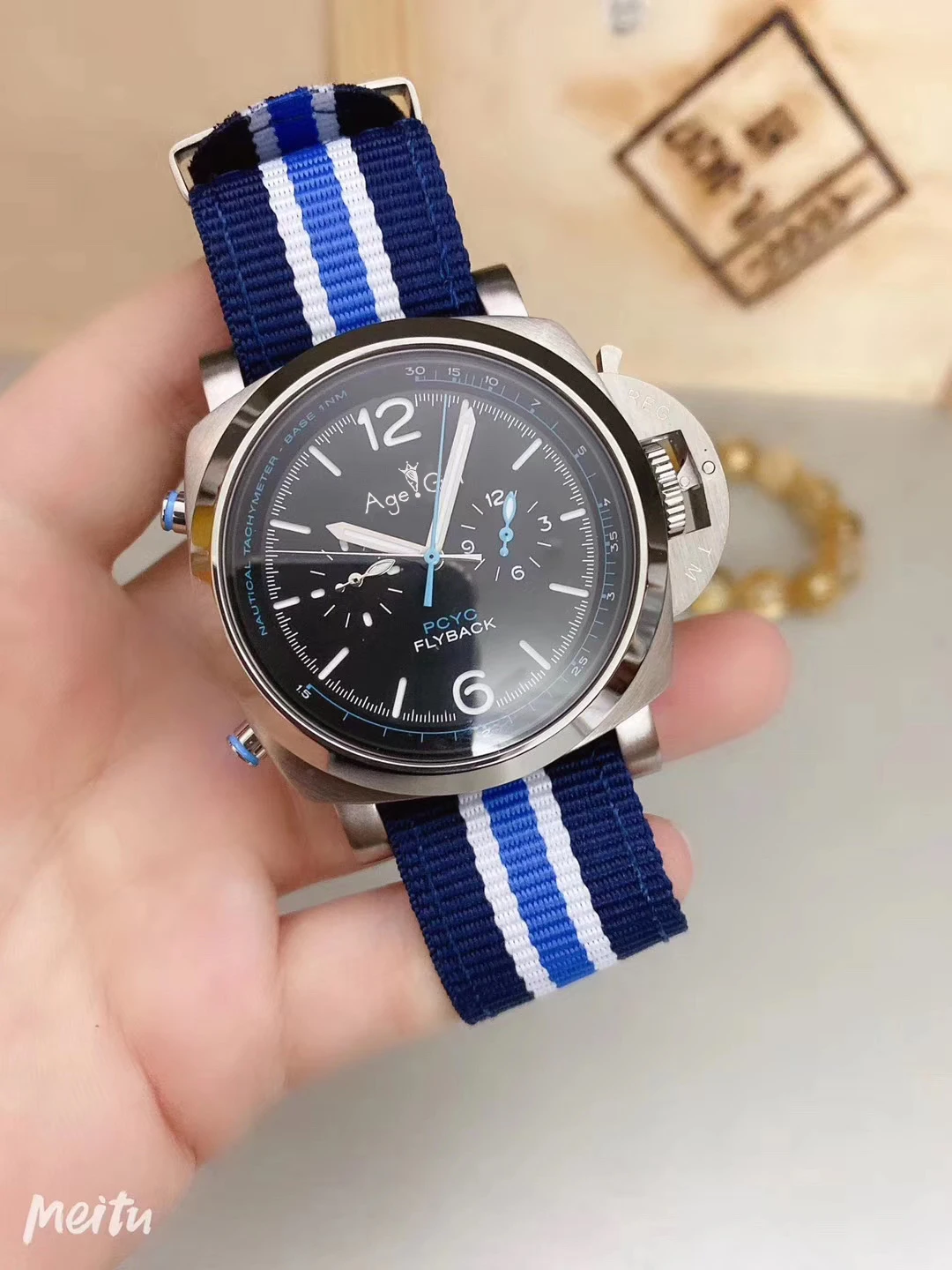 

Luxury Brand New Men Automatic Mechanical Stainless Steel GMT Nato Canvas Flyback PCYC Blue Watch 1950 Luminous Sapphire 44mm