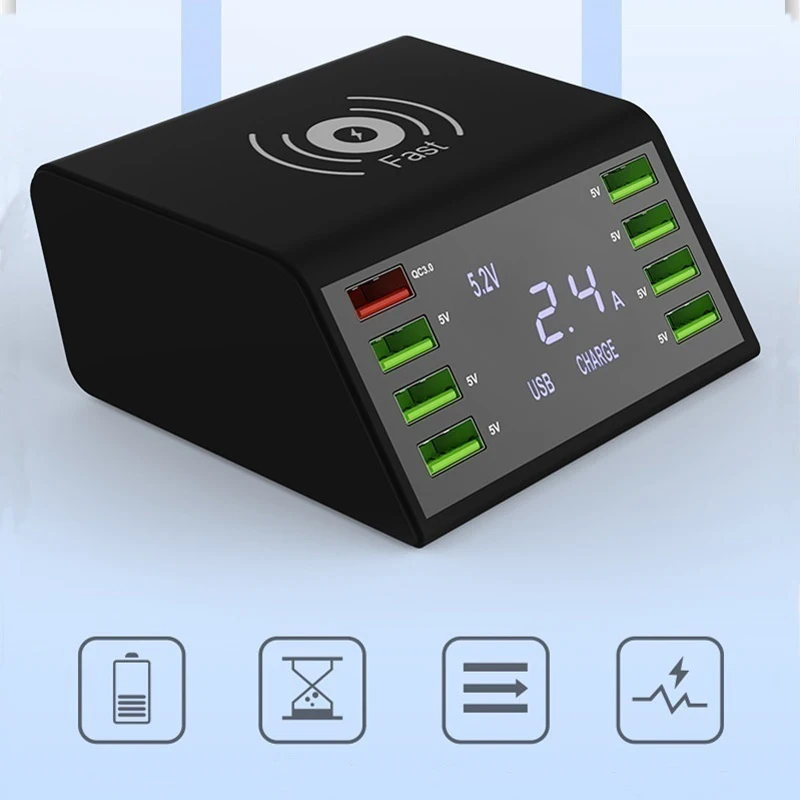 LCD Display QC 3.0 Fast Charger Station Dock 8 Port 10W Wireless Charger For Mobile Tablet Smart Device US EU UK AU Plug
