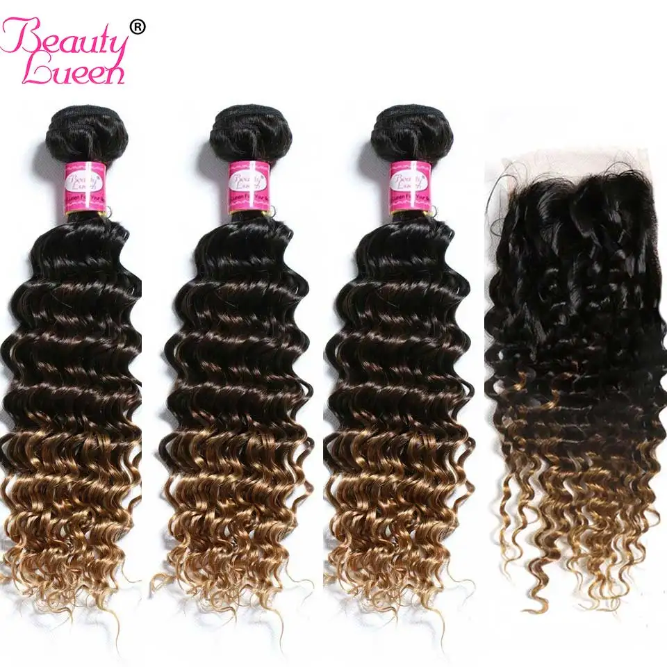 

Ombre Deep Wave Human Hair Bundles With Closure Ombre Brazilian Hair Weave 3 Bundles Deals With Closure 1B 4/27 Non Remy Hair