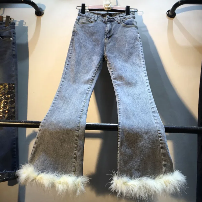 

LANMREM 2020 Spring New Trousers Stitching Real Rabbit Fur High Waist Wide Leg Horn Jeans Women 19B-a472