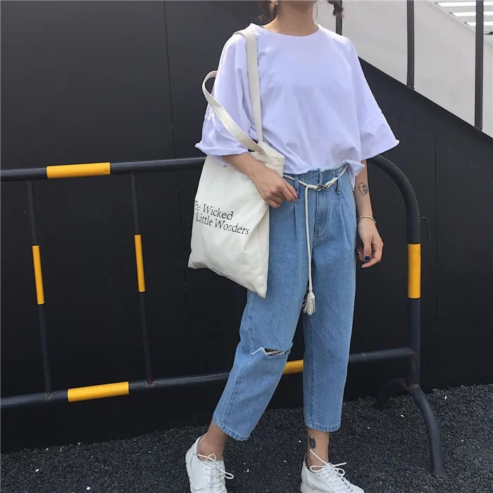 Женские джинсы Harajuku, корейский стиль, высокое качество, с дырками, свободные, повседневные, универсальные, женские, модные, до щиколотки, джинсовые, простые, повседневные