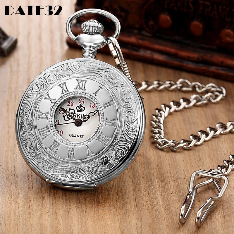 

Roman Numeral Antique Mechanical Pocket Watch Sliver White Skeleton Case Dial Male Fob Chain Clock for Men Women Dropshipping