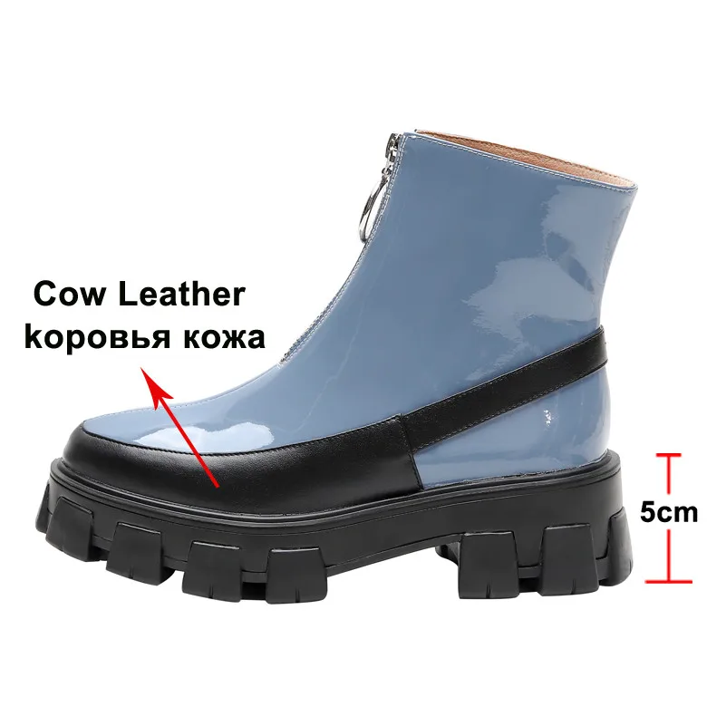 Meotina/Зимние ботильоны; женские полусапожки из натуральной кожи на платформе и не сужающемся книзу массивном каблуке; обувь из лакированной кожи на молнии; Женская Осенняя обувь; размеры 34-39