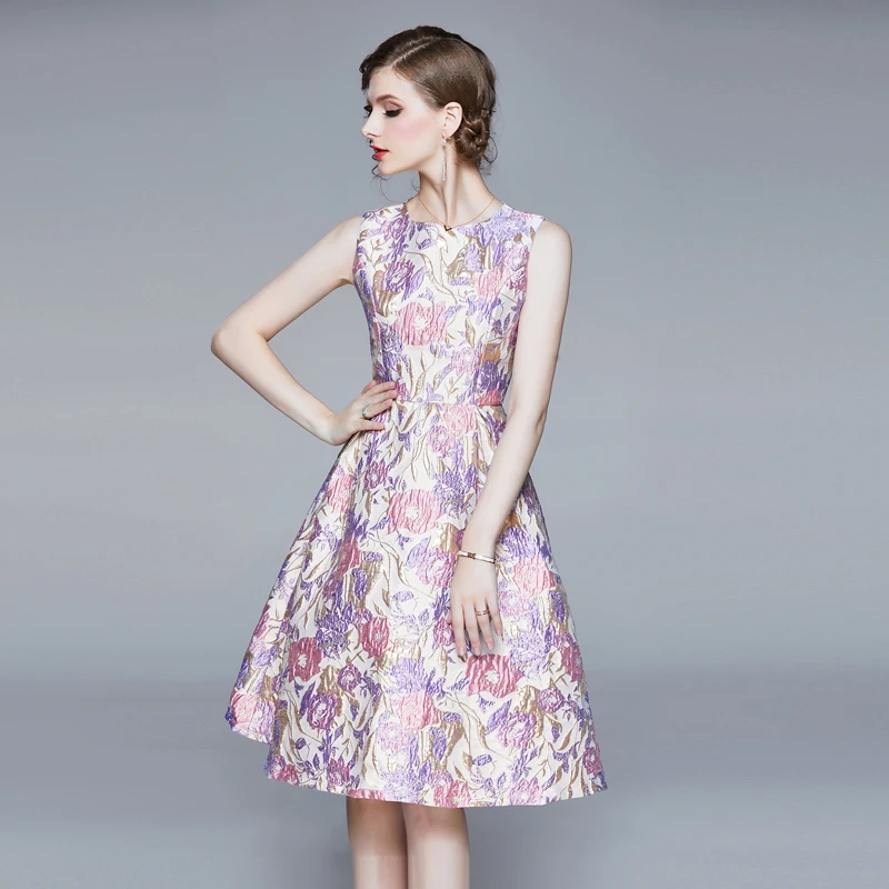 Women Luxury Pink Purple Floral Jacquard Dress Vintage Cocktail Party Robe Sleeveless Elegant Tank Ball Gown Vestido k8086 | Женская