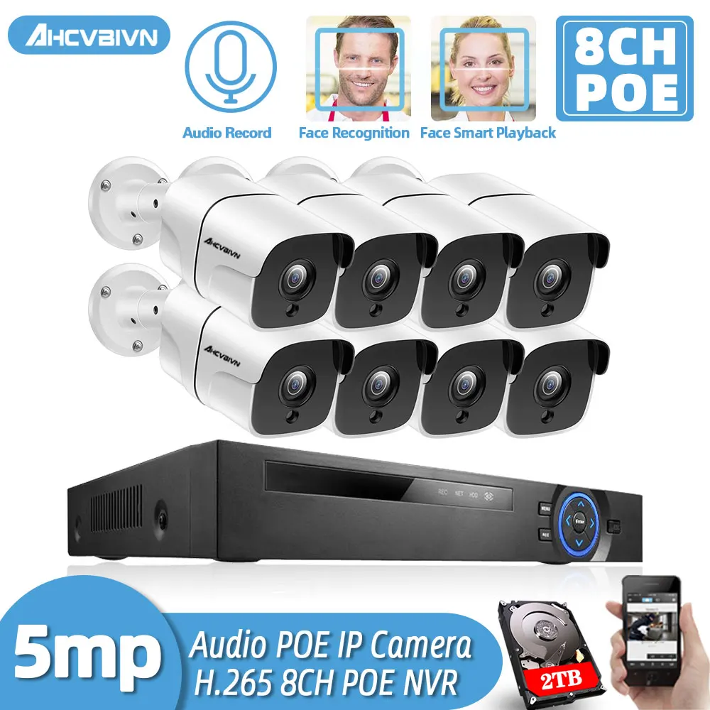 

HD 8CH 5MP POE Security Camera System Face Record NVR Outdoor Waterproof IP Camera Audio Record Home Video Surveillance Kit