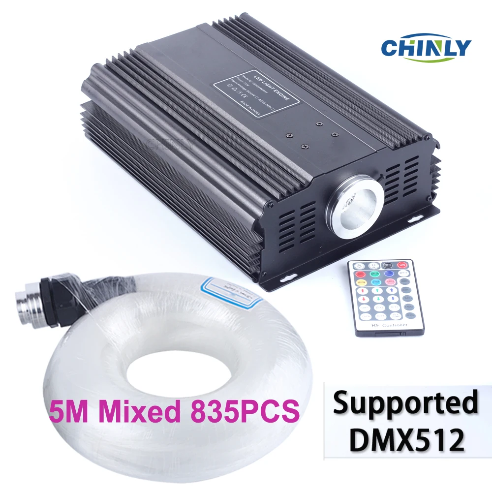 DMX 75W RGB LED Fiber Optic Lights RF Remote Control 5m Mixed 835pcs Fiber Optic Cable for Stage Starry Ceiling Lighting