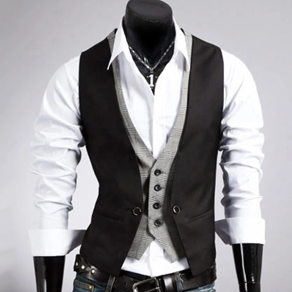 Men Formal Waistcoat Vest Business Solid Color Single Button Vest gilet Fake Two-pieces V Neck Casual S-lim chalecos para hombre 5