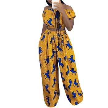 

Opslea Dashiki African Two Piece Suit Sexy Off Shoulder Top Big Size Wide-Leg Trousers for Women Pocket Zip Dot Print