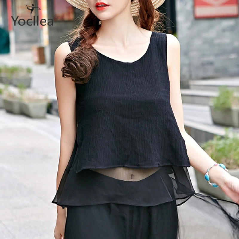 

3 Colors Solid T Shirt Women Faux Two pieces Cotton Linen Basic T-shirts Female Casual Tops Sleeveless T-Shirt Women O-neck Tees