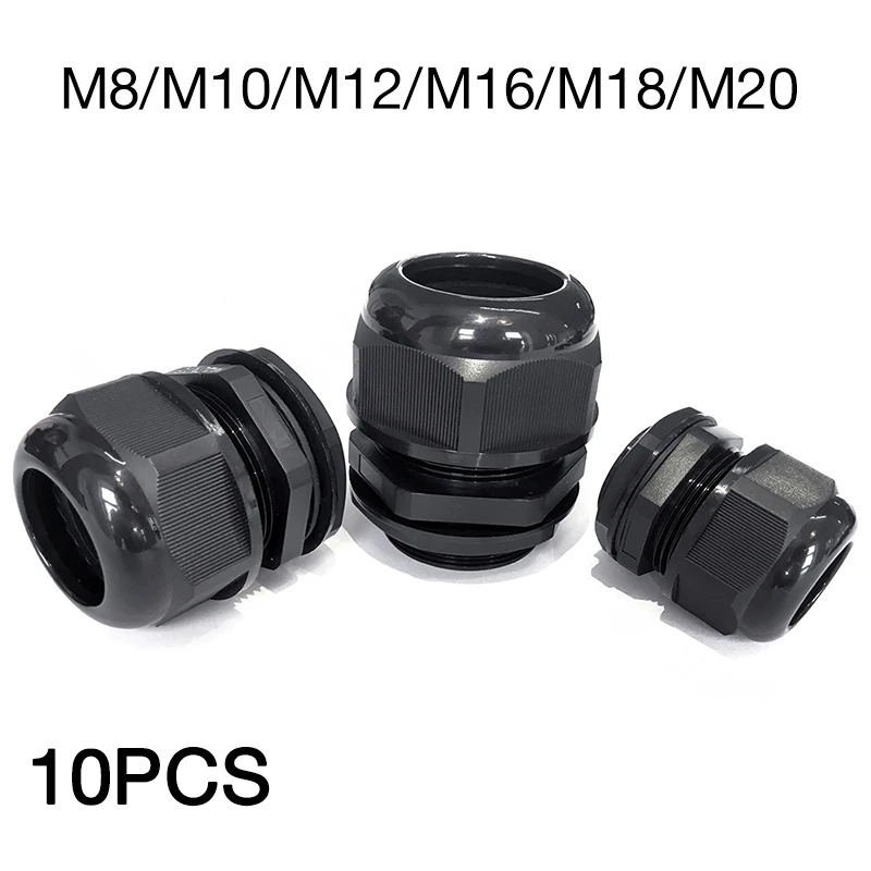 10 PCS M8 M10 M12 M16 M18 M20 Black Nylon Cable Glands Joints IP68 plastic Cable fixed Head