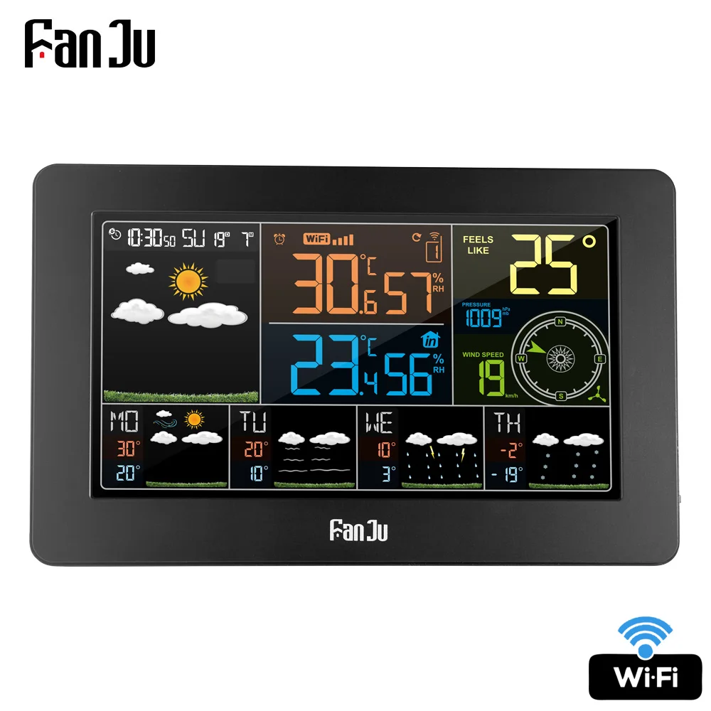 FanJu Wifi Погодная станция настенный цифровой будильник термометр гигрометр