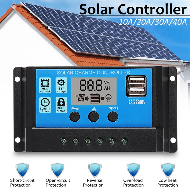 

10/20/30/40A 12V 24V Auto Solar Charge Controller PWM With LCD Dual USB 5V Output Solar Cell Panel Regulator PV Home
