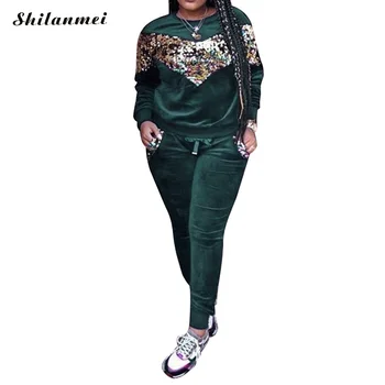 

Women Tracksuit Long Sleeve Top Pants Suit Fashion Streetwear Sparkly Matching Sets Outfits Autumn Winter Sequin Two Piece Set