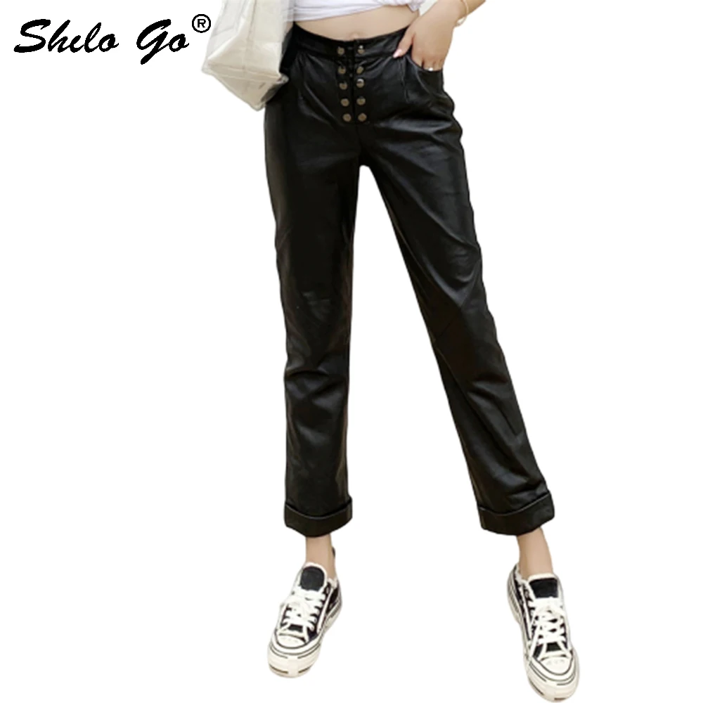 Lederen Broek Double Breasted Voorkant Hoge Taille Schapenvacht Rechte Broek Vrouwen Herfst Winter Casual Minimalistische Broek Lederen Broek Double Breasted Voorkant Hoge Taille Schapenvacht Rechte Broek Vrouwen Herfst Winter Casual Minimalistische Broek