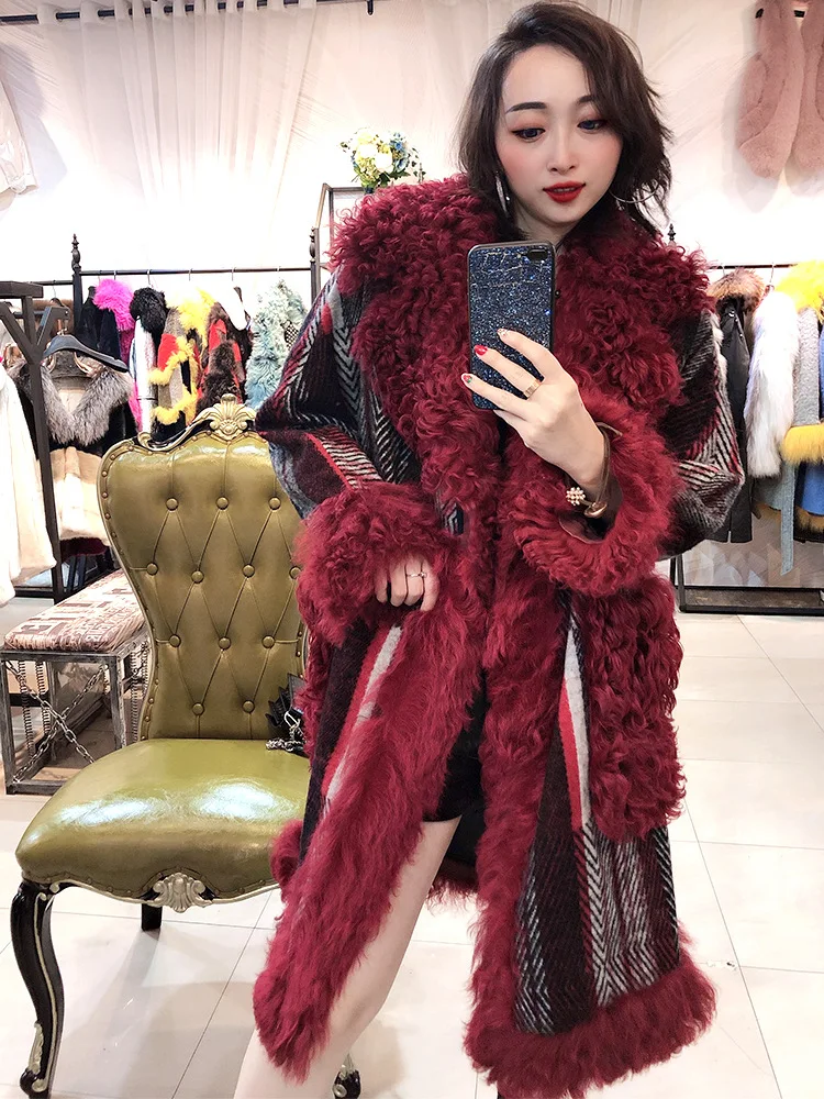 Red Женское пальто из натурального меха с роскошным меховым воротником, куртка для стрижки овец, женская зимняя одежда, Корейская винтажная шерстяная меховая верхняя одежда LW2153 - Цвет: Red