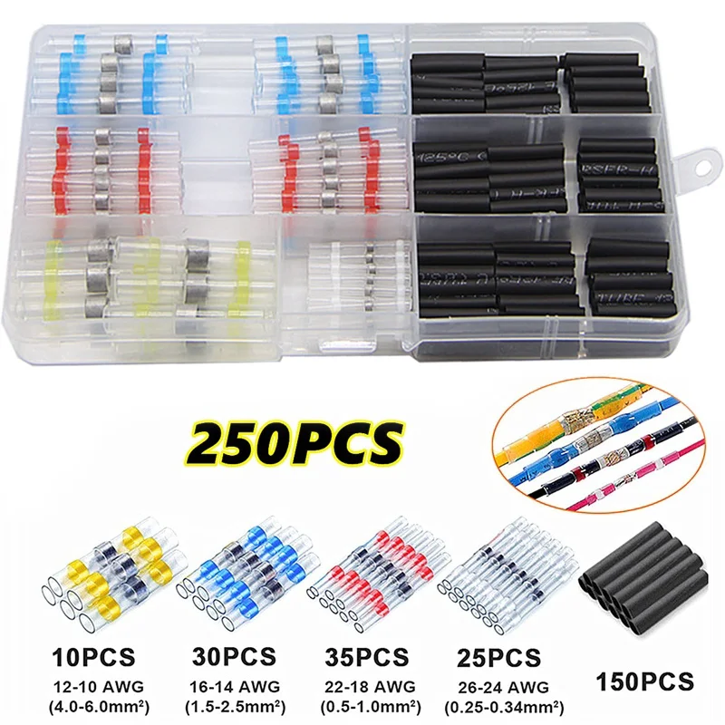 

100/250PCS/Set Mix Solder Sleeve Heat Shrink Butt Waterproof Wire Splice Connectors Soldering Tube Terminals