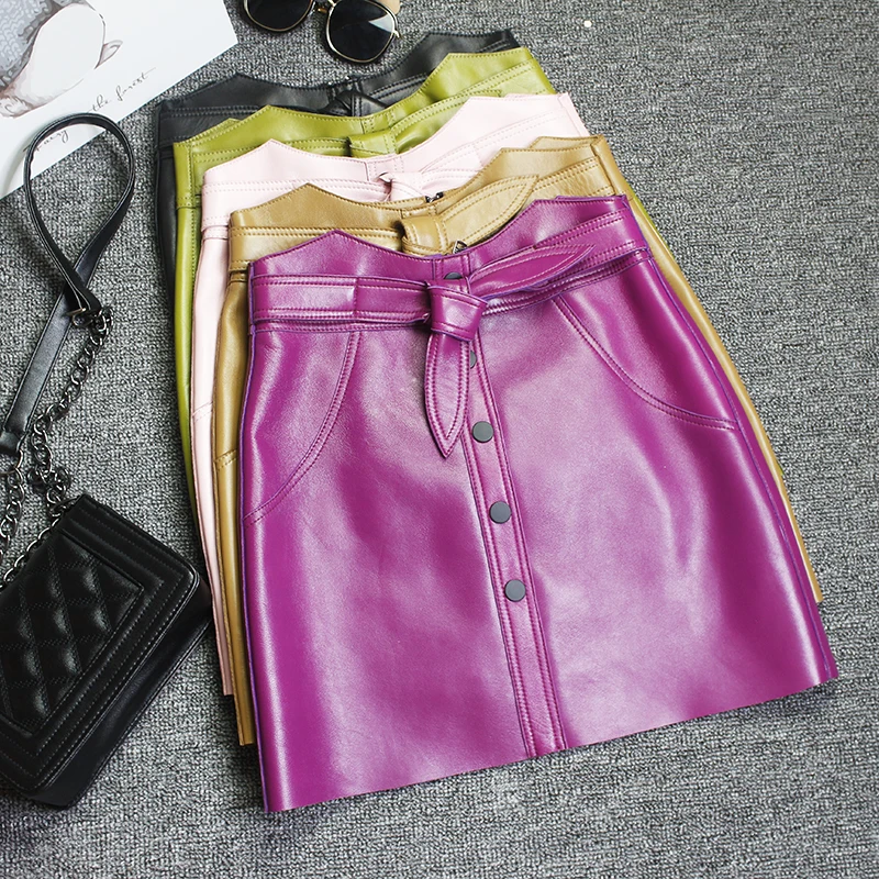 

Europe style women's high-waist leather skirts Autumn winter women high quality real leather bowknot A-line skirts A987