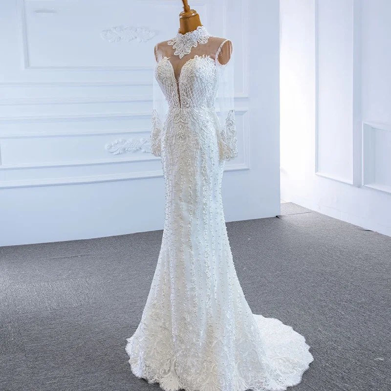 RSM67180 White V-neck Transparent Lace Wedding Bridal Gown 2021 Long Sleeve Applique Print Back Lace Up Banquet Wedding Dress 3