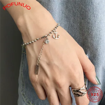 

POFUNUO Girls Stylish 925 Sterling Silver Bracelets Luxury Women Fine Jewelry Ship Anchor Charm AAA Zircon Beads Chain Bracelets