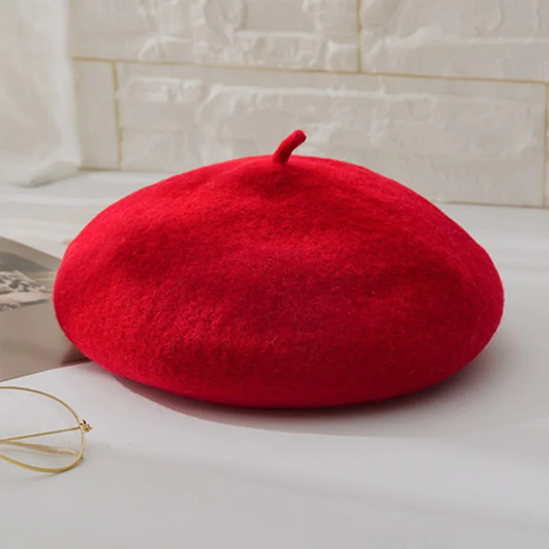Женский шерстяной берет с легкой доской, женская шапка Newsboy в стиле ретро, однотонный Берет шерстяной пекарь, женский головной убор, Горох, зимняя теплая элегантная шляпа - Цвет: Big red