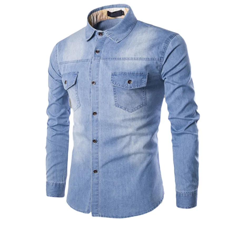 Рубашка мужская из денима Повседневная модная блузка кроя Regular Fit хлопка с