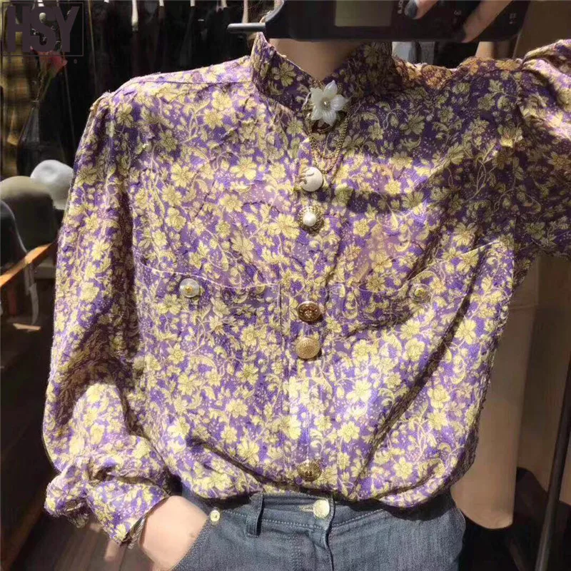 【HSY】 Autumn Winter New Fashion Women Shirt Custom Stereoscopic Flower Button Bubble Sleeve Stand Collar Floral Print Blouse