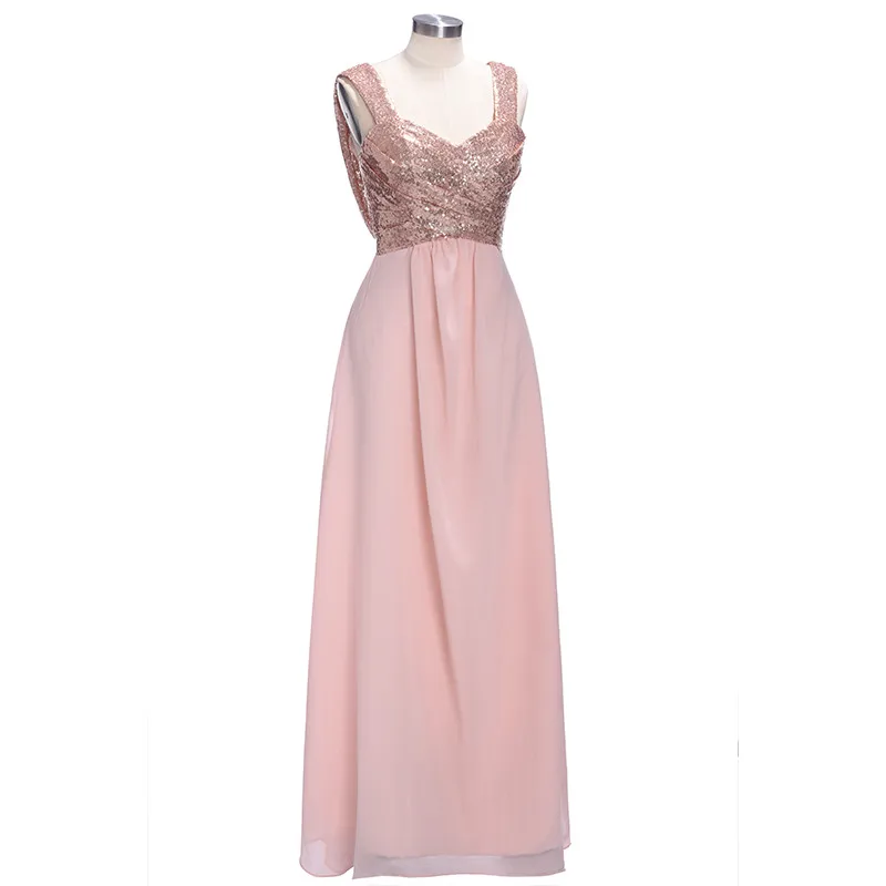 Pink A Line Spaghetti Straps Backless Sequins Chiffon Maid Of Honor Bridesmaid Dress