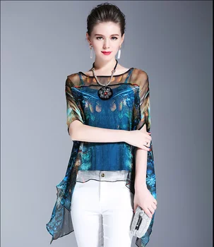 

C021 # European Station Spring 2020 temperament silk shirt ladies two-piece jacket Han Fan blue round neck top # clothing, silk