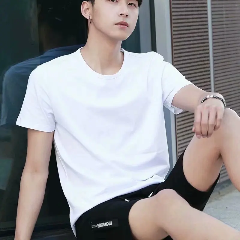 

Spring Summer Solid Color Short Sleeve Stock Men'S Wear Processing Special Offer Blank Cultural Shirt Short-sleeved round Collar