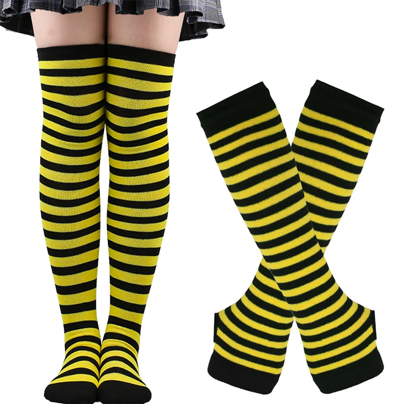 Fashion Striped Arm Sleeve Thumbhole Sleeves Knee High Socks Set for Cosplay Christmas Fingerless Stretchy Gloves Stockings 