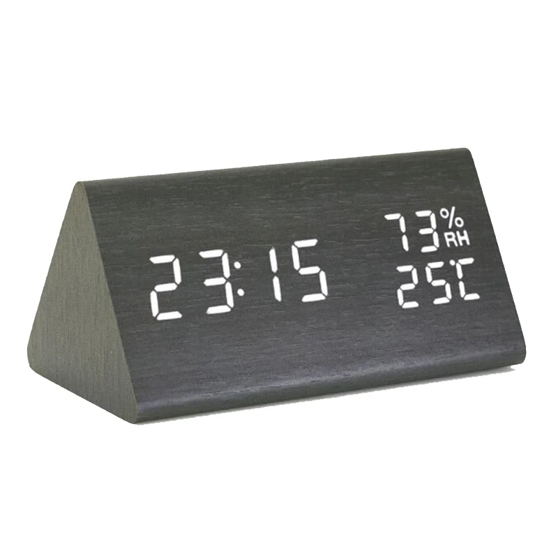Будильник для спальни, треугольный настольный декор, деревянный светодиодный, цифровой, время, температура, влажность, подарок, инструменты для анализа