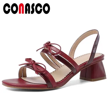 

CONASCO New Concise Sweet Women Sandals Casual Genuine Leather Women Pumps High Heels Wedding Casual Butterfly-Knot Shoes Woman