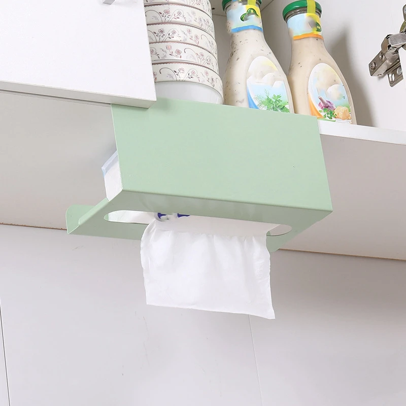 

1PC Cabinet-Mounted Paper Towel Holder Living Room Kitchen Tissue Organizer Free-Punching Wrought Iron Tissue Box Green