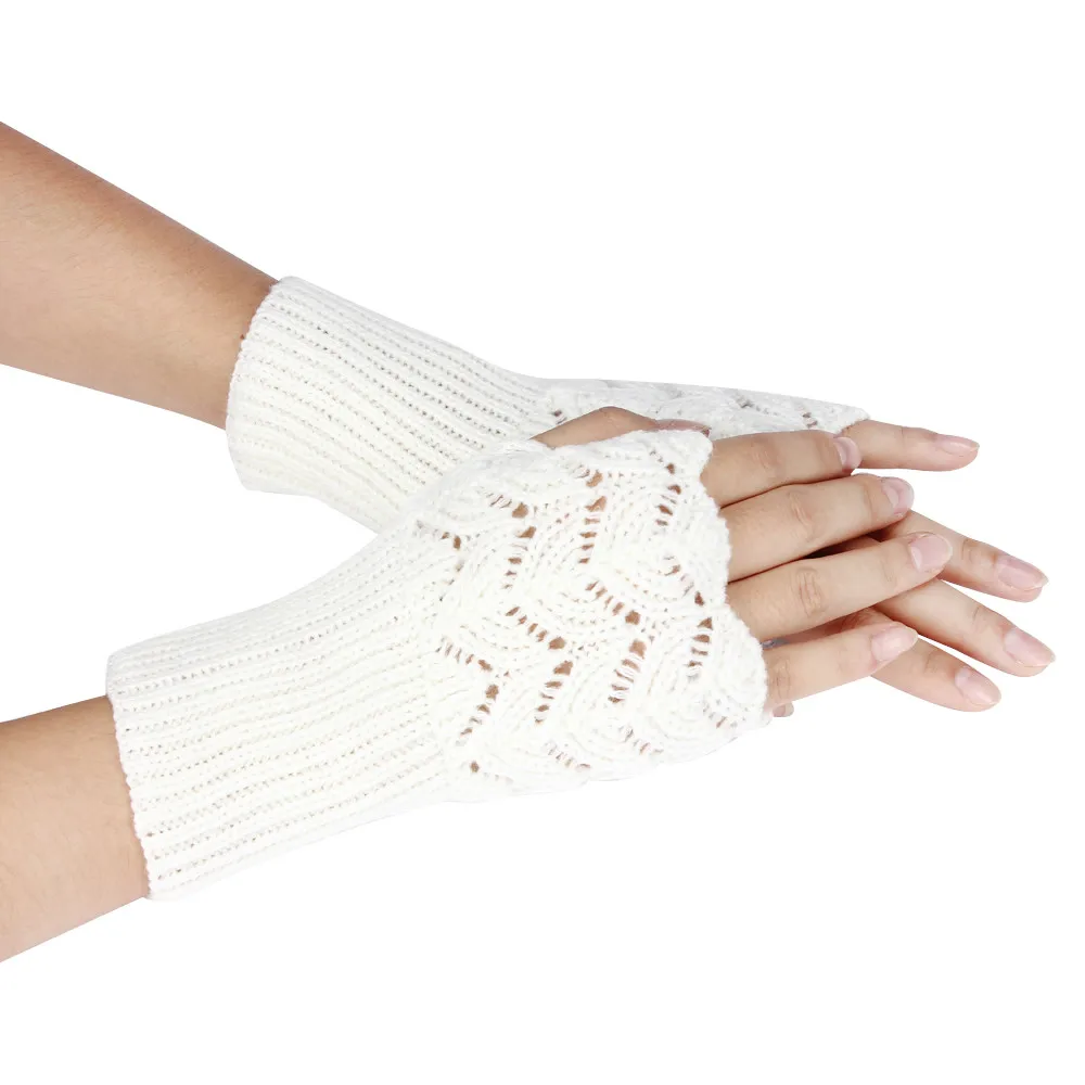 Женские теплые зимние короткие вязанные перчатки без пальцев женские перчатки одноцветные перчатки на Рождество 10,9 - Цвет: WH