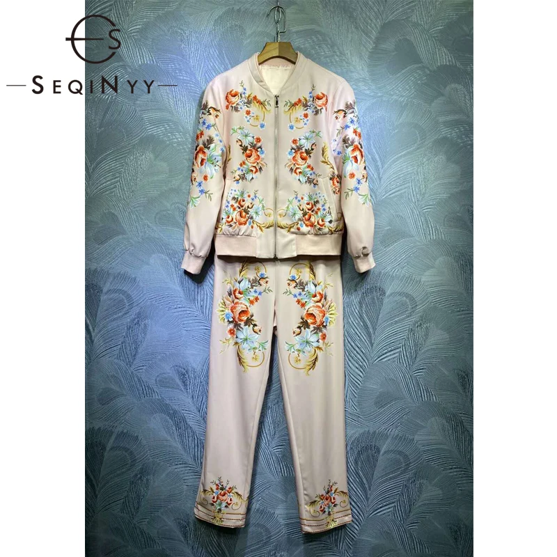 

SEQINYY Vintage Print Set Flowers Autumn Spring New Fashion Design Women Runway 2020 Jacket + Pants Elegant Beige Suit