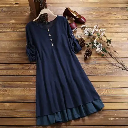 Женское модное свободное ретро платье с О-образным вырезом, Повседневное платье с коротким рукавом, винтажное свободное студенческое модное обтягивающее платье на пуговицах - Цвет: Navy