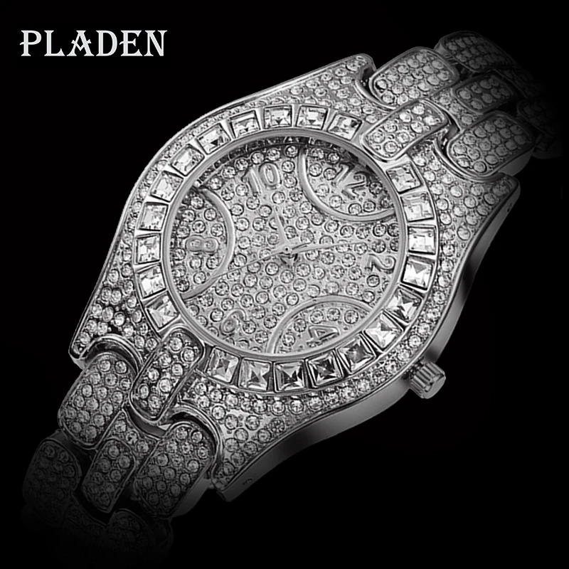 

Dropshipping PLADEN Arabic Alphabet Watch Men Baguette Diamond Analog Quartz Iced Out Watches Hip Hop Stylish Watches With Box