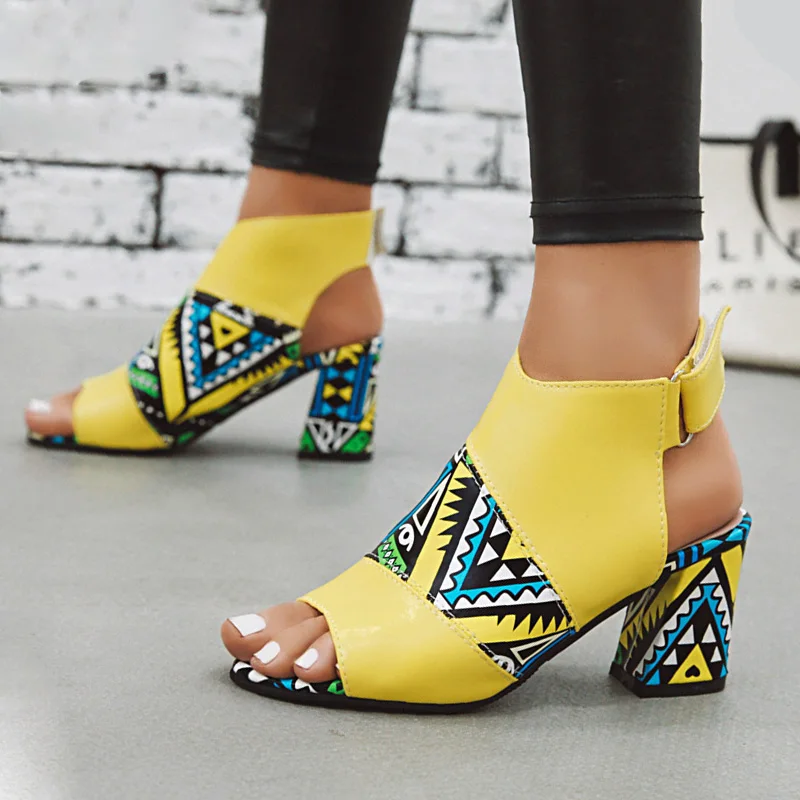 

Women's Stylish Geometric Print Sandals 2020 Summer Boots Peep Toe High Heels Gladiator Shoes Woman Yellow Green Sandals Female