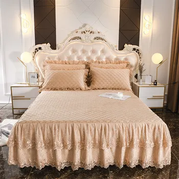 

Korean Princess Embroiderey Lace Bedspread Quilted Velvet Queen King Bed Cover Set Solid Color Pillow Cases 3 Pcs