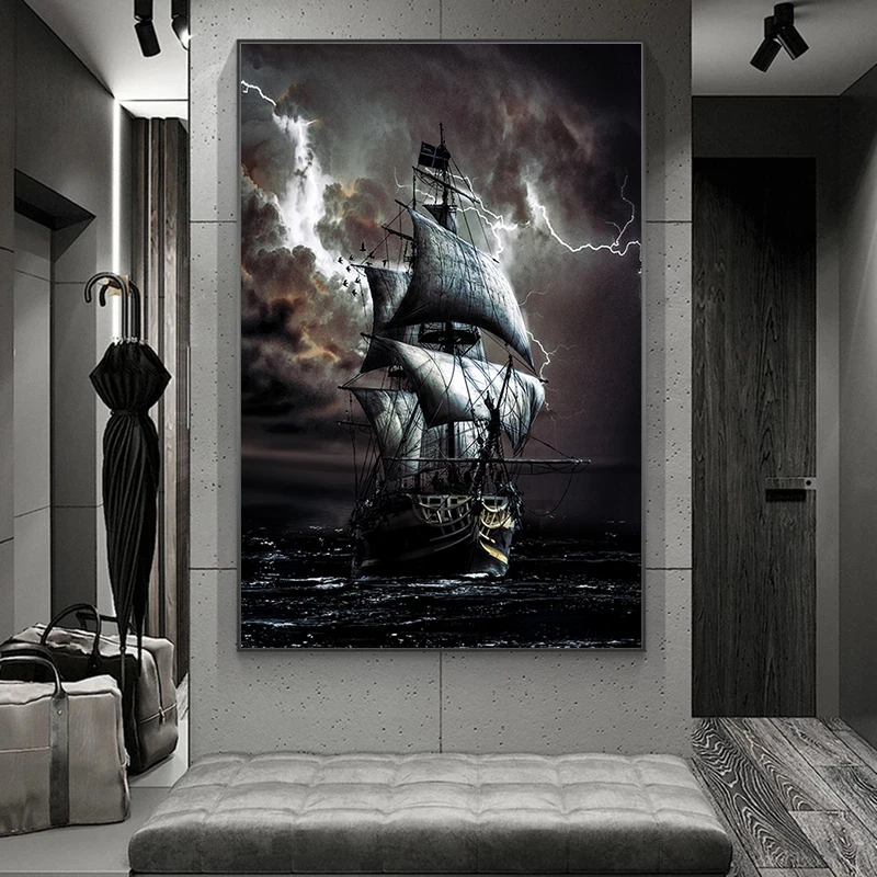 Pirate Ship Canvas Painting Black Sailboat Vintage Posters and Prints Vessel Wall Art Picture for Living Room Home Decoration | Дом и сад