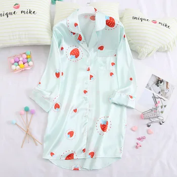 

Spring Summer Full Sleeve Nightgown Sexy Print Strawberry Lady Lingerie Nightdress Sleepshirts L-XL Shirt Nightdress Home Dress