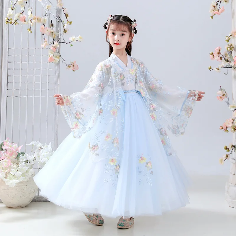 

Новое китайское традиционное платье Hanfu с вышивкой для девушек на осень, Сказочная Милая пушистая юбка принцессы, вечернее платье для представлений
